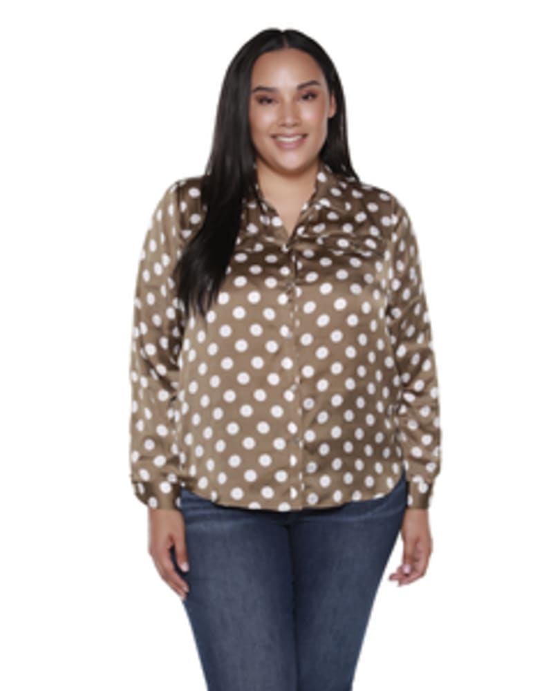 Front of a model wearing a size 1X Delilah Button Up Polka Dot Top in COVERT GREEN/WHITE by Belldini Black Label. | dia_product_style_image_id:245878